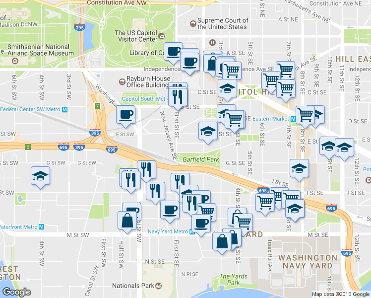 map of restaurants, bars, coffee shops, grocery stores, and more near 101 Independence Avenue Southeast in Washington