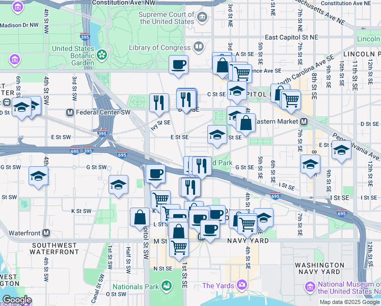 map of restaurants, bars, coffee shops, grocery stores, and more near 701 New Jersey Avenue Southeast in Washington