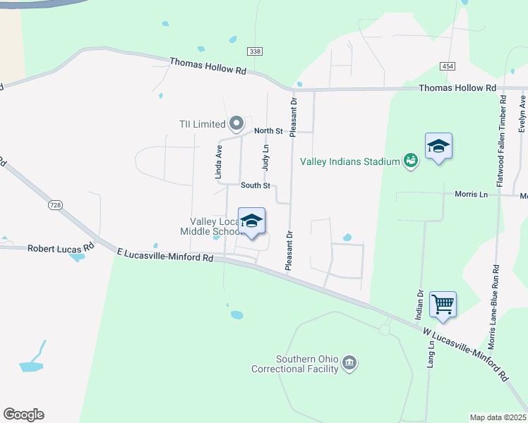 map of restaurants, bars, coffee shops, grocery stores, and more near 393 Indian Drive in Lucasville