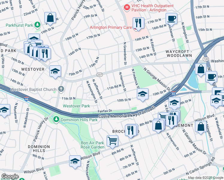 map of restaurants, bars, coffee shops, grocery stores, and more near 1115 North Inglewood Street in Arlington