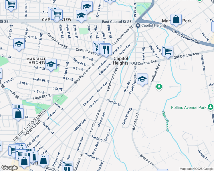 map of restaurants, bars, coffee shops, grocery stores, and more near 607 Larchmont Avenue in Capitol Heights