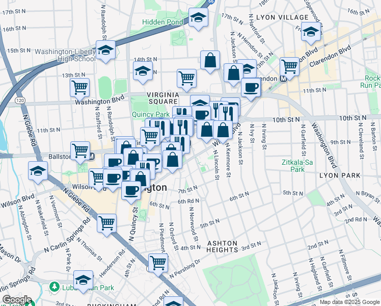 map of restaurants, bars, coffee shops, grocery stores, and more near 3601 Wilson Boulevard in Arlington
