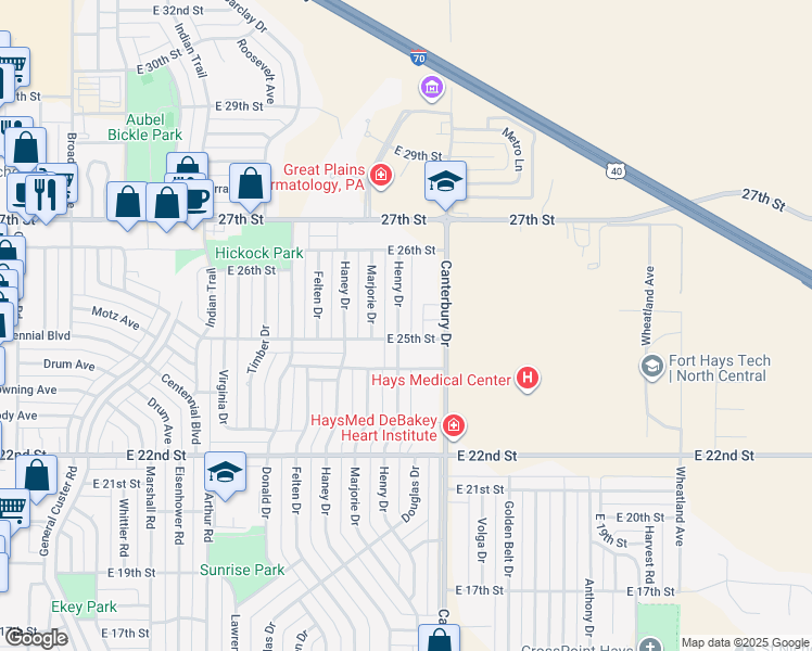 map of restaurants, bars, coffee shops, grocery stores, and more near 2401-2499 Henry Drive in Hays