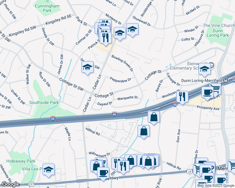 map of restaurants, bars, coffee shops, grocery stores, and more near 8521 Cottage Street in Vienna