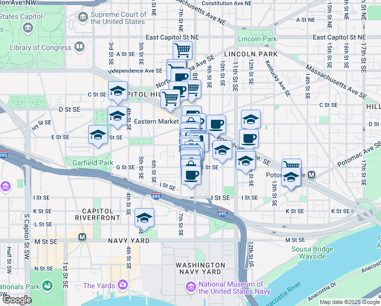 map of restaurants, bars, coffee shops, grocery stores, and more near 515 8th Street Southeast in Washington