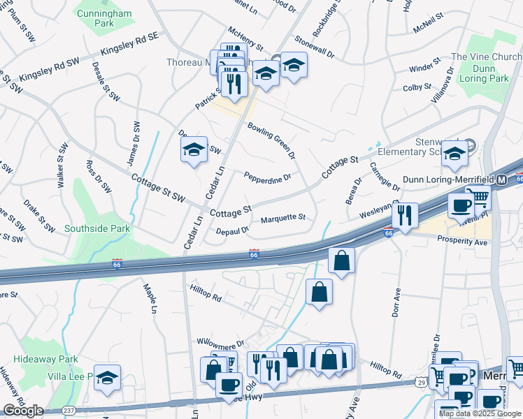 map of restaurants, bars, coffee shops, grocery stores, and more near 8521 Cottage Street in Vienna