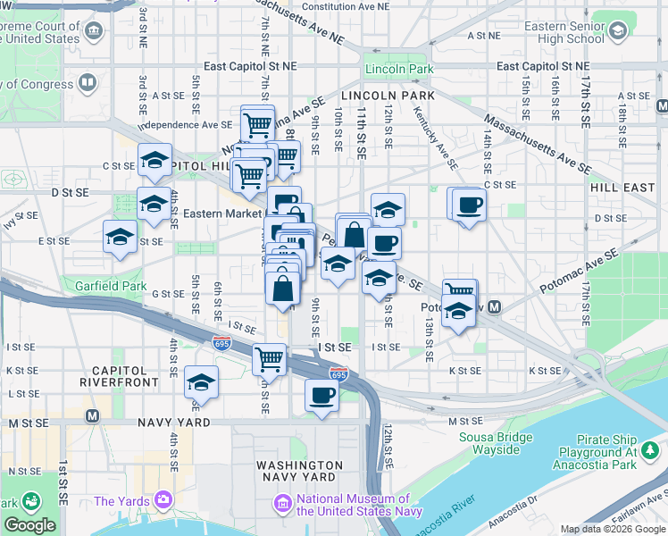 map of restaurants, bars, coffee shops, grocery stores, and more near 101 Independence Avenue Southeast in Washington