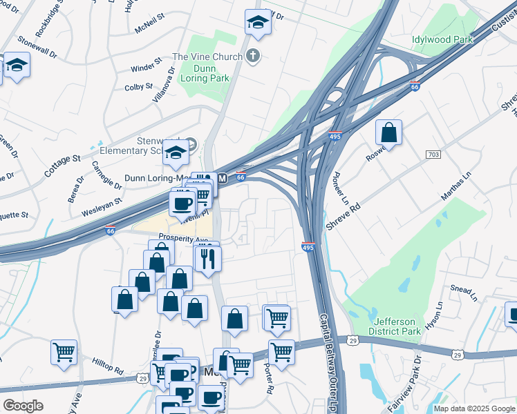 map of restaurants, bars, coffee shops, grocery stores, and more near 2663 Manhattan Place in Vienna