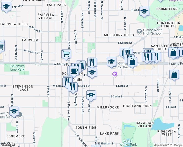 map of restaurants, bars, coffee shops, grocery stores, and more near 300 East Loula Street in Olathe