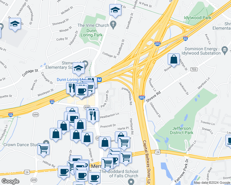 map of restaurants, bars, coffee shops, grocery stores, and more near 2663 Manhattan Place in Vienna