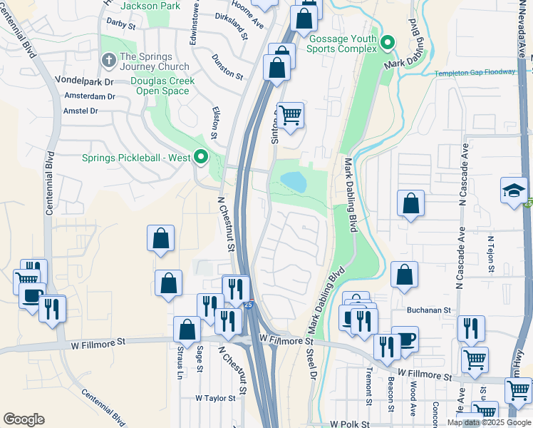 map of restaurants, bars, coffee shops, grocery stores, and more near 3436 Sinton Road in Colorado Springs