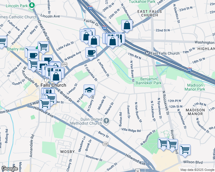 map of restaurants, bars, coffee shops, grocery stores, and more near 413 East Columbia Street in Falls Church