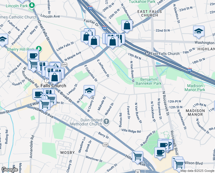 map of restaurants, bars, coffee shops, grocery stores, and more near 413 East Columbia Street in Falls Church