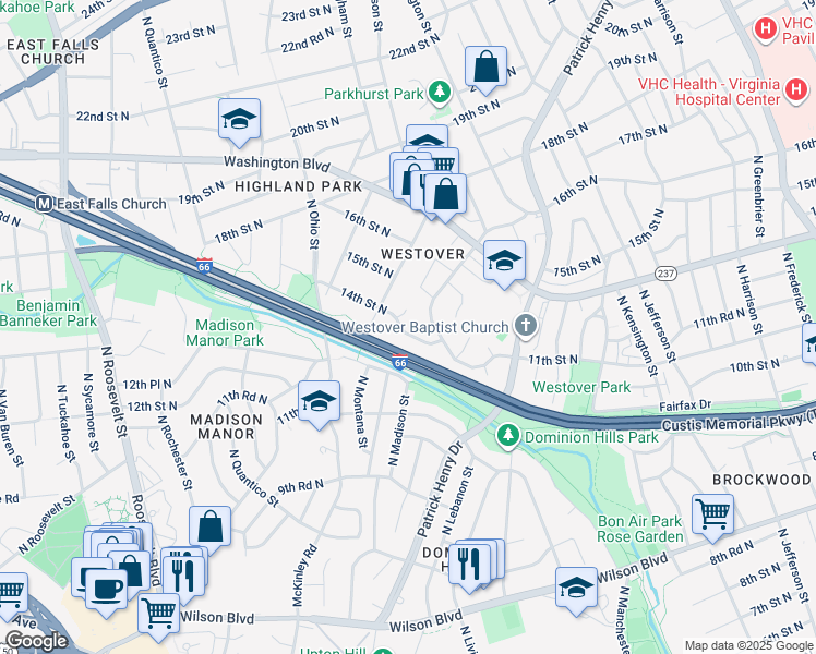 map of restaurants, bars, coffee shops, grocery stores, and more near in Arlington