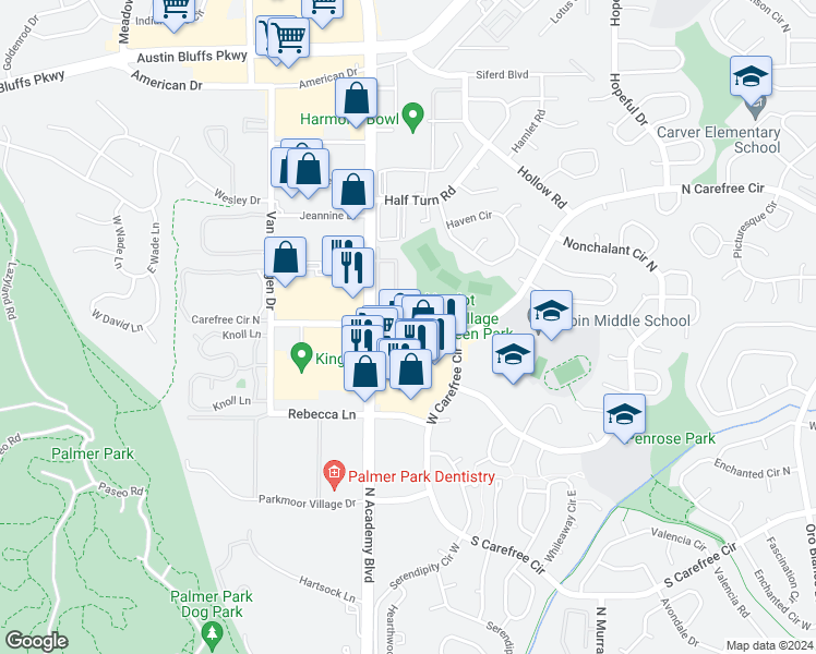 map of restaurants, bars, coffee shops, grocery stores, and more near 3578 North Carefree Circle in Colorado Springs
