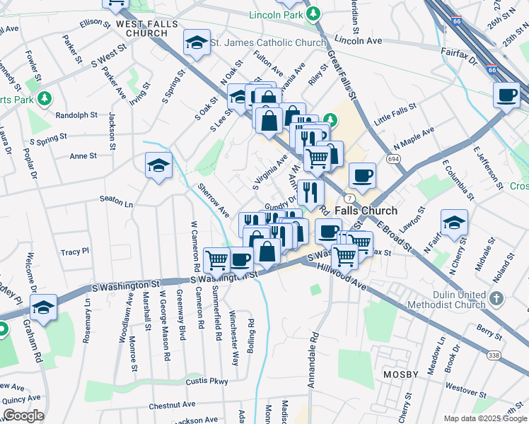 map of restaurants, bars, coffee shops, grocery stores, and more near 335 Gundry Drive in Falls Church