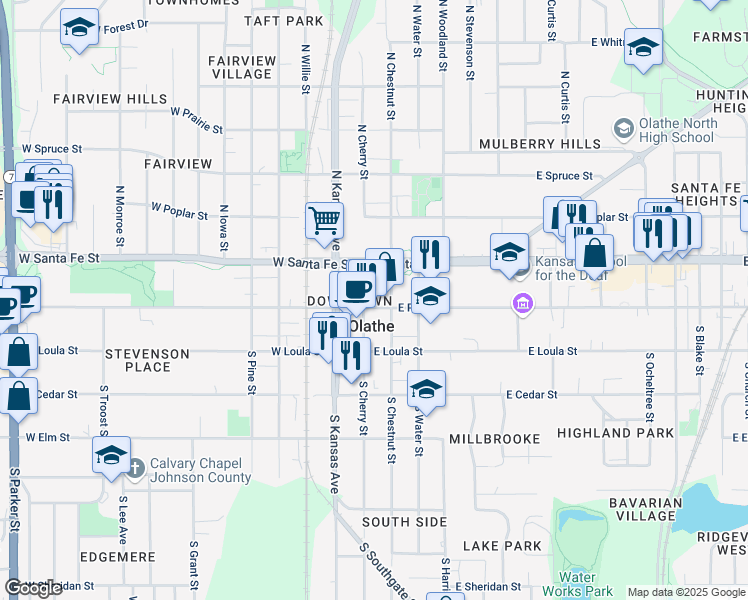 map of restaurants, bars, coffee shops, grocery stores, and more near in Olathe