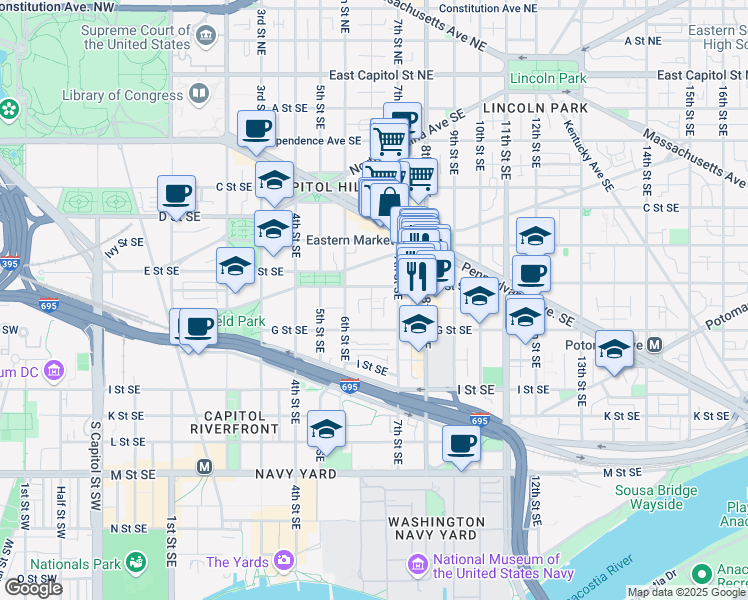 map of restaurants, bars, coffee shops, grocery stores, and more near 101 Independence Avenue Southeast in Washington