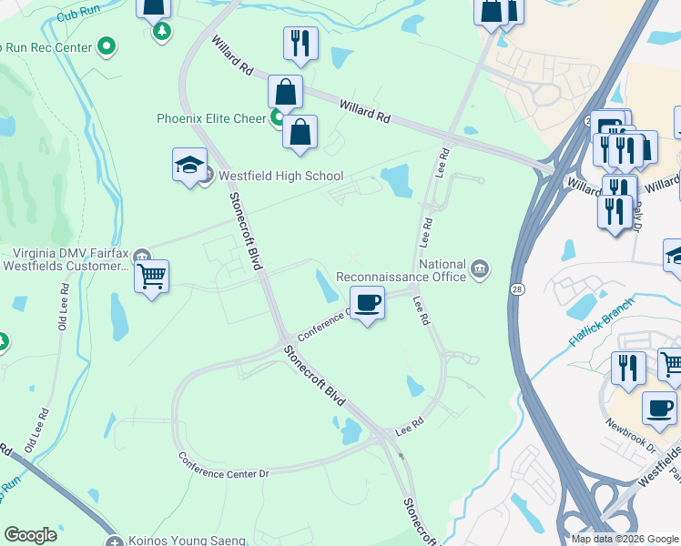 map of restaurants, bars, coffee shops, grocery stores, and more near 15050 Conference Center Drive in Chantilly