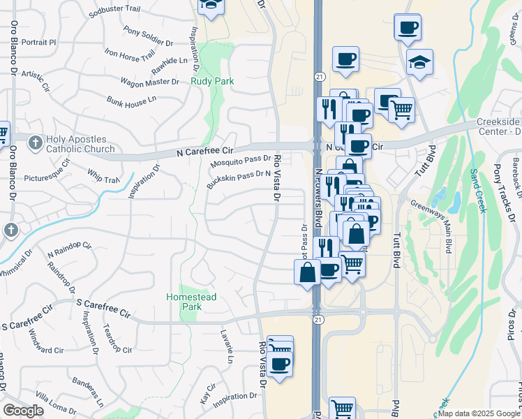 map of restaurants, bars, coffee shops, grocery stores, and more near 5571 Gunshot Pass Drive in Colorado Springs