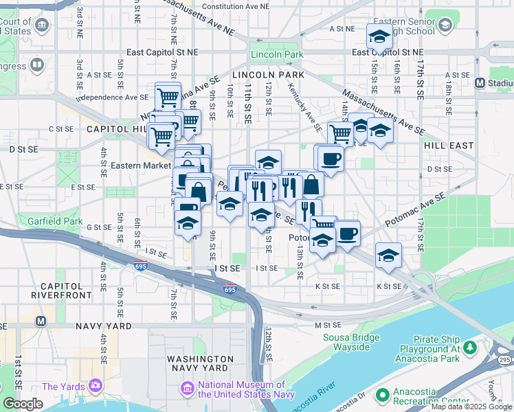 map of restaurants, bars, coffee shops, grocery stores, and more near 101 Independence Avenue Southeast in Washington
