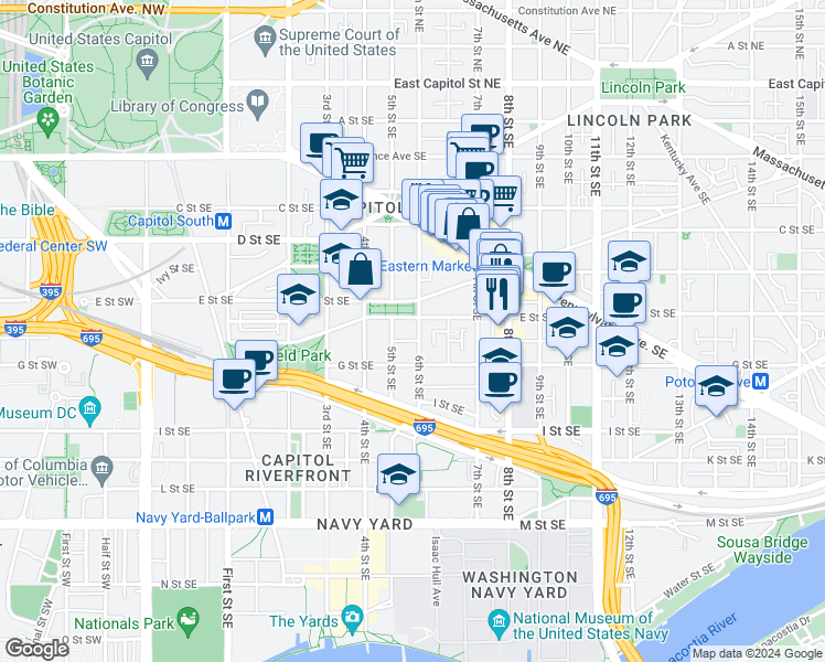 map of restaurants, bars, coffee shops, grocery stores, and more near 101 Independence Avenue Southeast in Washington