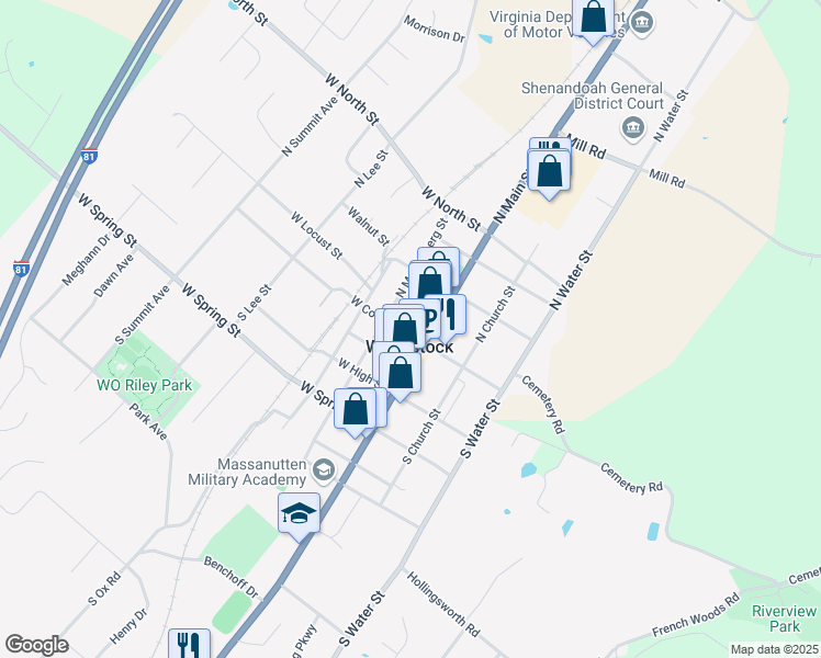 map of restaurants, bars, coffee shops, grocery stores, and more near 135 North Main Street in Woodstock