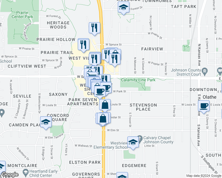 map of restaurants, bars, coffee shops, grocery stores, and more near 1075 West Santa Fe Street in Olathe