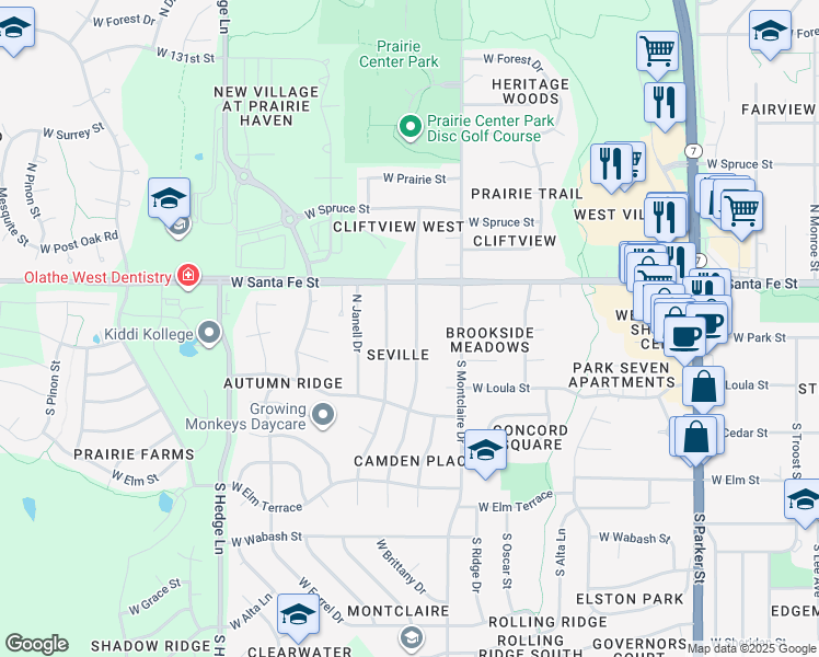 map of restaurants, bars, coffee shops, grocery stores, and more near 128 North Chambery Drive in Olathe