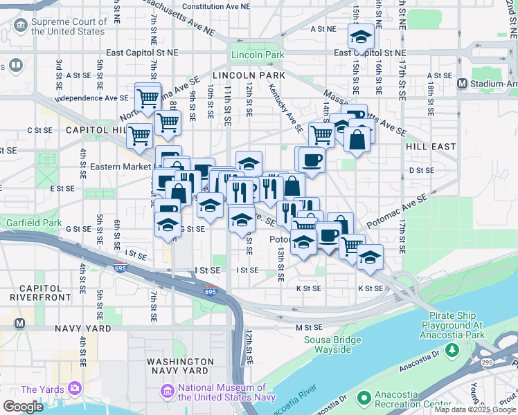 map of restaurants, bars, coffee shops, grocery stores, and more near 101 Independence Avenue Southeast in Washington