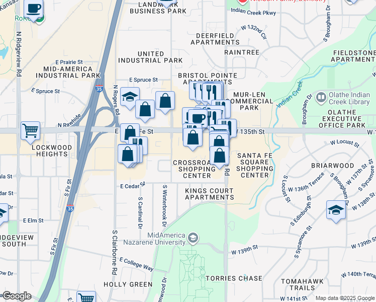map of restaurants, bars, coffee shops, grocery stores, and more near 2003 E Santa Fe St in Olathe
