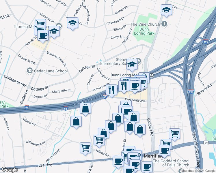 map of restaurants, bars, coffee shops, grocery stores, and more near 8327 Wesleyan Street in Vienna