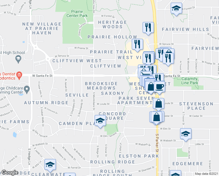 map of restaurants, bars, coffee shops, grocery stores, and more near 115 North Saxony Drive in Olathe