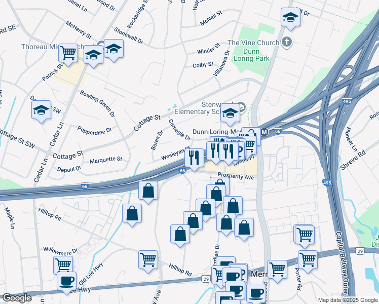 map of restaurants, bars, coffee shops, grocery stores, and more near 8327 Wesleyan Street in Vienna