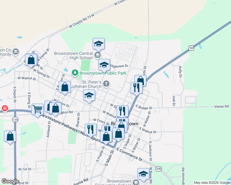 map of restaurants, bars, coffee shops, grocery stores, and more near 406 North High Street in Brownstown
