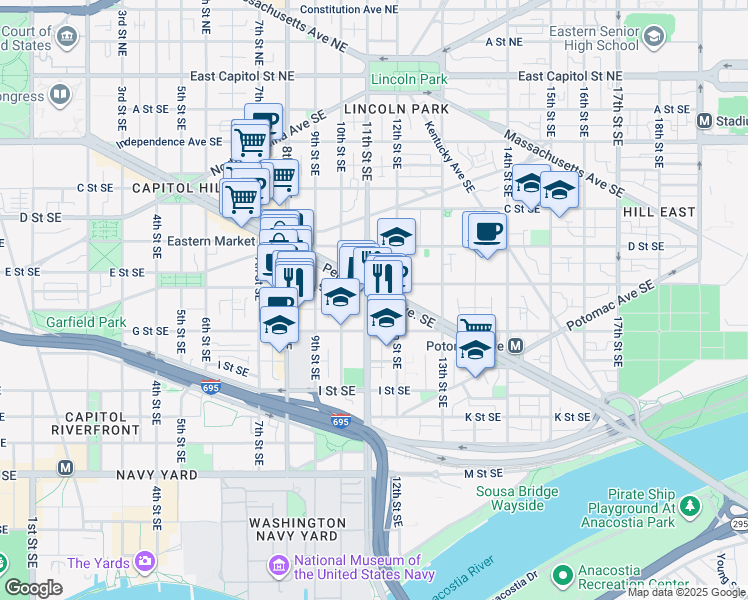 map of restaurants, bars, coffee shops, grocery stores, and more near 1101 Pennsylvania Avenue Southeast in Washington