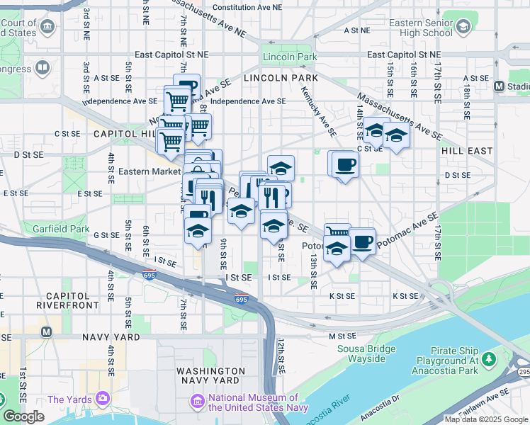 map of restaurants, bars, coffee shops, grocery stores, and more near 1101 Pennsylvania Avenue Southeast in Washington
