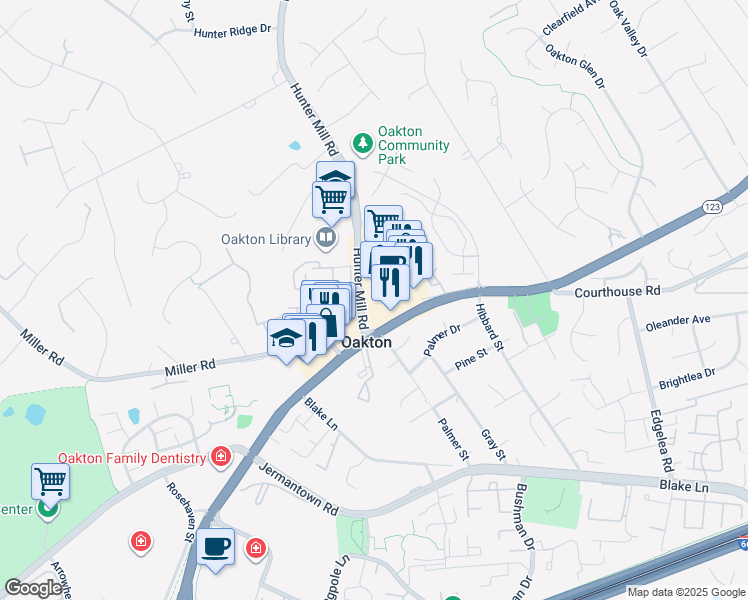 map of restaurants, bars, coffee shops, grocery stores, and more near 2911 State Route 674 in Oakton