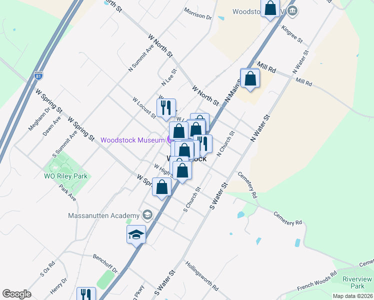 map of restaurants, bars, coffee shops, grocery stores, and more near 135 North Main Street in Woodstock