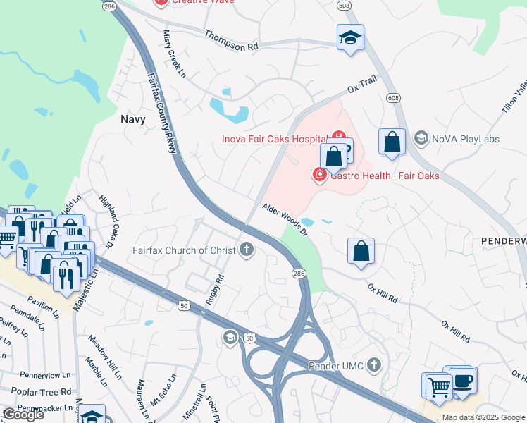 map of restaurants, bars, coffee shops, grocery stores, and more near 3801 Rugby Road in Fairfax