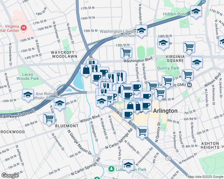 map of restaurants, bars, coffee shops, grocery stores, and more near 4401 Fairfax Drive in Arlington