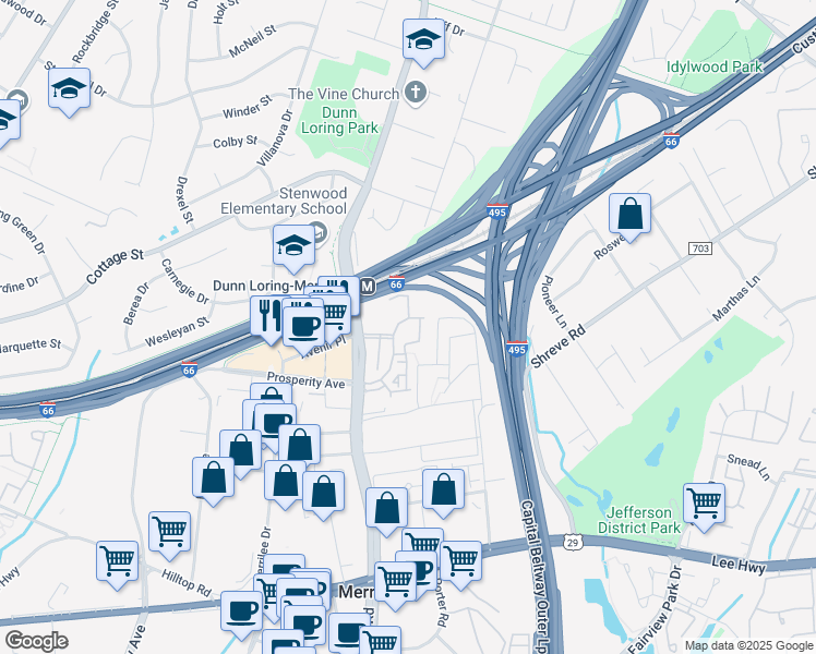map of restaurants, bars, coffee shops, grocery stores, and more near 2651 Park Tower Drive in Vienna