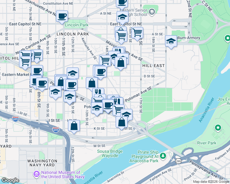 map of restaurants, bars, coffee shops, grocery stores, and more near 101 Independence Avenue Southeast in Washington