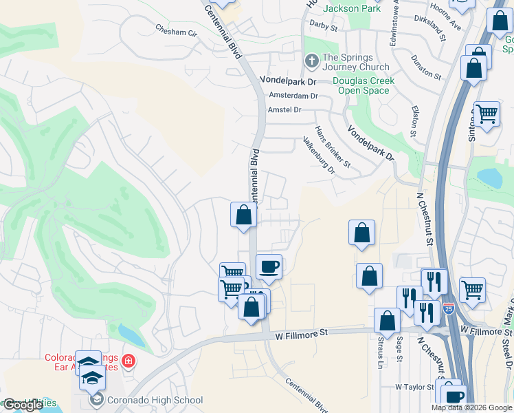 map of restaurants, bars, coffee shops, grocery stores, and more near 3630 Rialto Heights in Colorado Springs