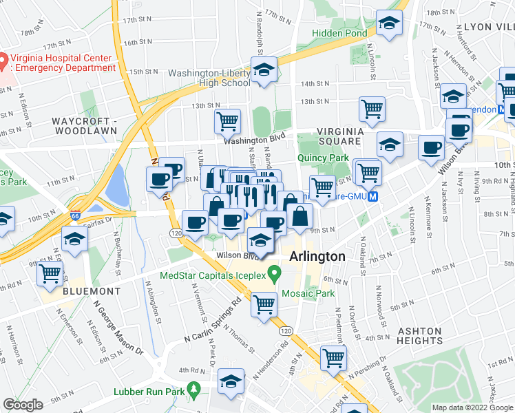 map of restaurants, bars, coffee shops, grocery stores, and more near N Fairfax Dr & N Stafford St in Arlington