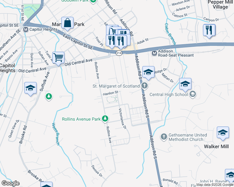 map of restaurants, bars, coffee shops, grocery stores, and more near 501 Victorianna Drive in Capitol Heights