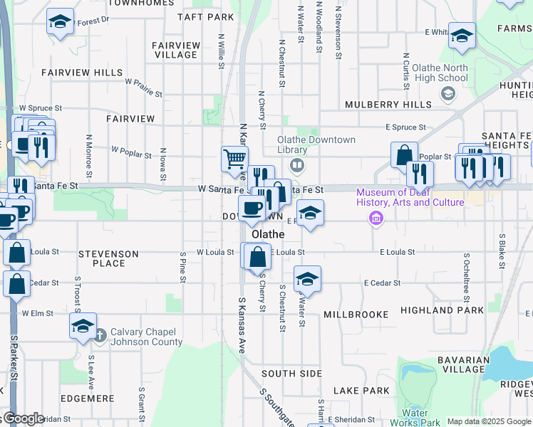map of restaurants, bars, coffee shops, grocery stores, and more near 141-179 West Santa Fe Street in Olathe