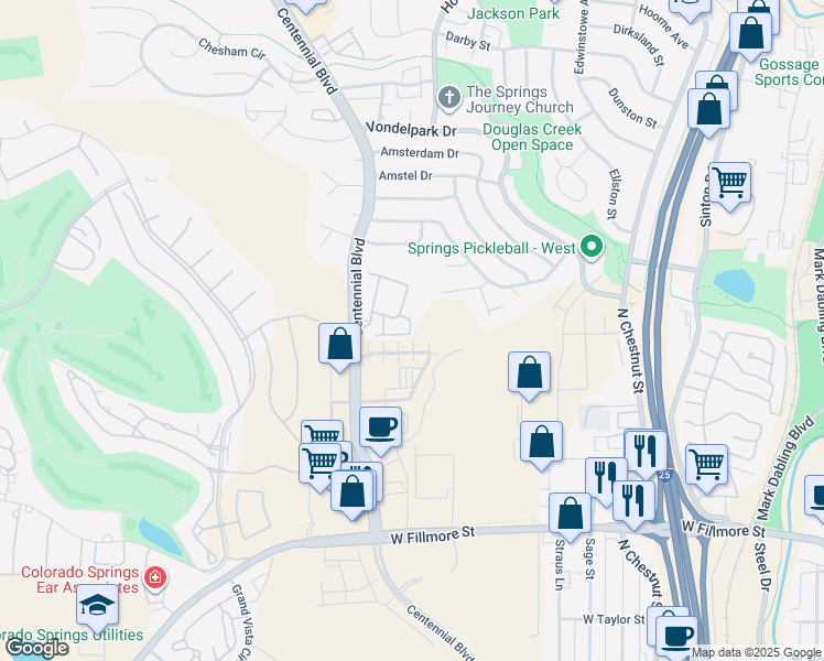 map of restaurants, bars, coffee shops, grocery stores, and more near 3562 Rialto Heights in Colorado Springs