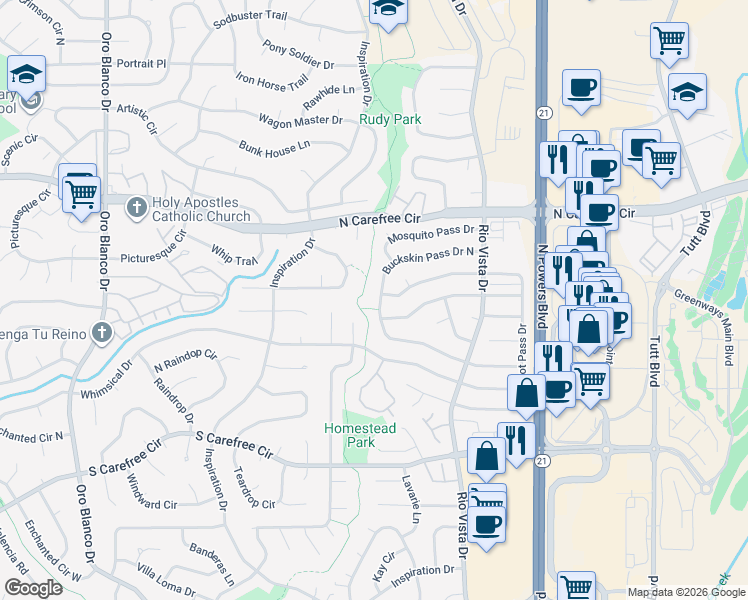 map of restaurants, bars, coffee shops, grocery stores, and more near 5424 Buckskin Pass Drive North in Colorado Springs