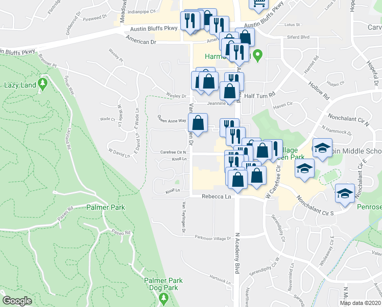 map of restaurants, bars, coffee shops, grocery stores, and more near 3502 Van Teylingen Drive in Colorado Springs